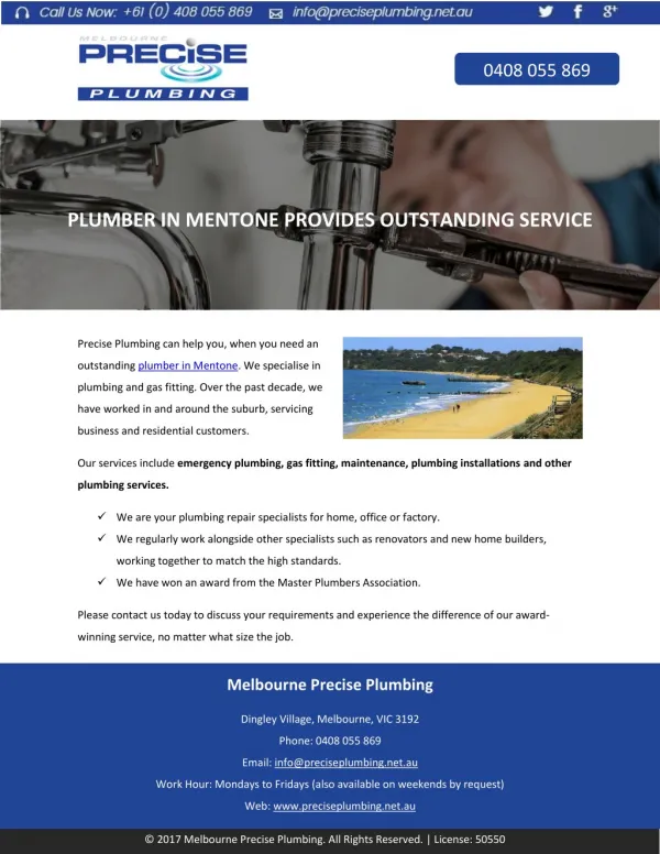 PLUMBER IN MENTONE PROVIDES OUTSTANDING SERVICE
