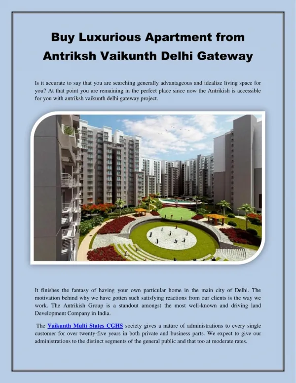 Buy Luxurious Apartment from Antriksh Vaikunth Delhi Gateway