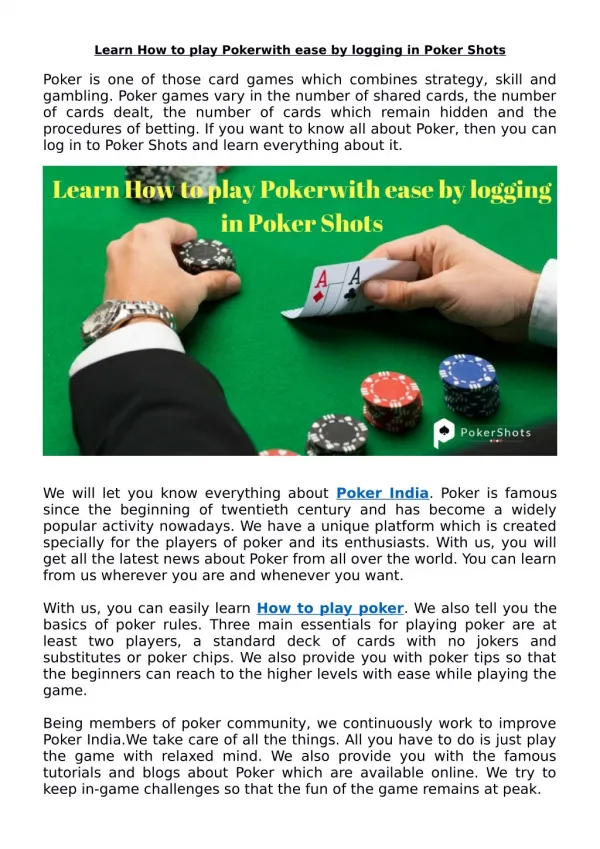 Learn How to play Poker with ease by logging in Poker Shots