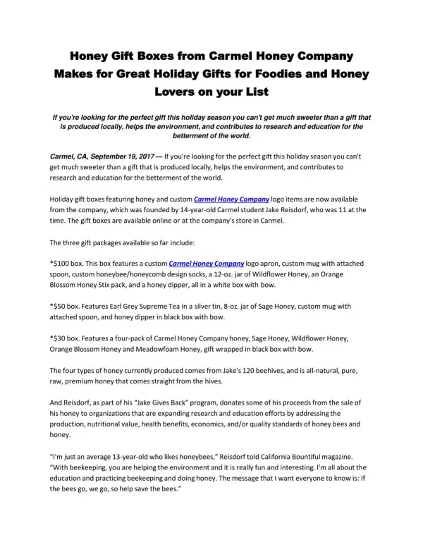 Honey Gift Boxes from Carmel Honey Company Makes for Great Holiday Gifts for Foodies and Honey Lovers on your List