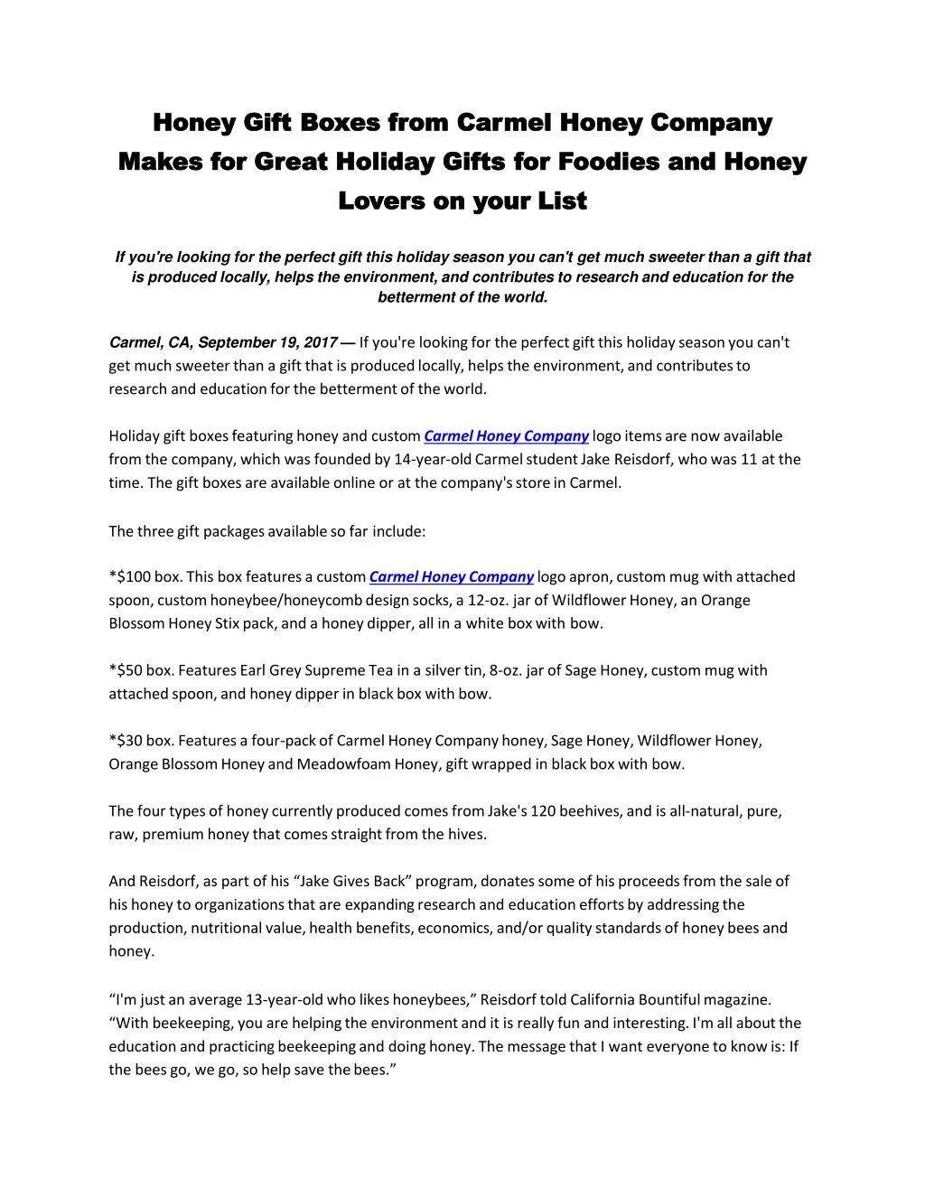 honey gift boxes from carmel honey company makes