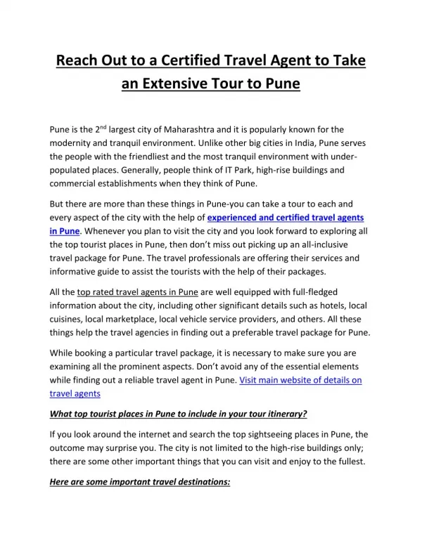 Reach Out to a Certified Travel Agent to Take an Extensive Tour to Pune