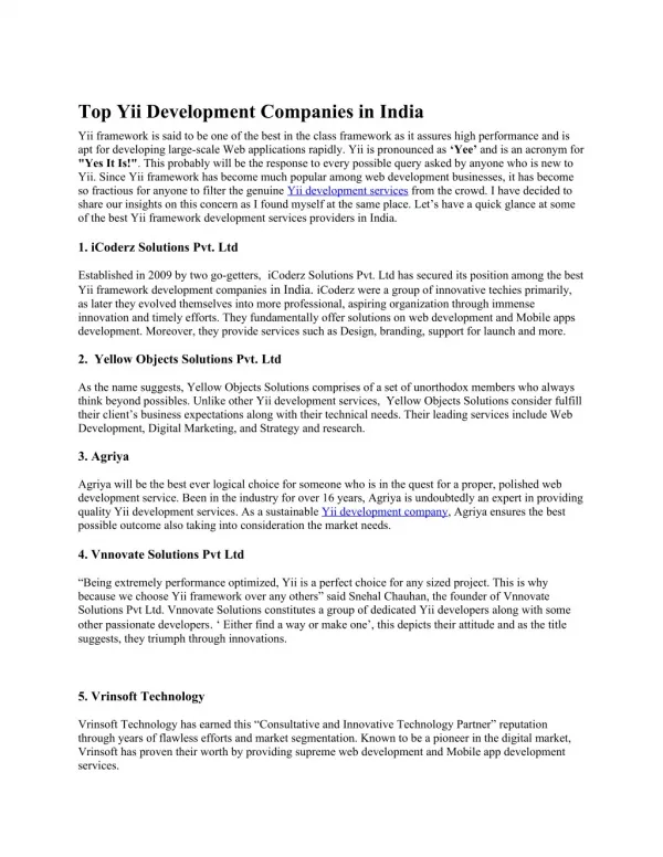 Top Yii Framework Development Companies in India