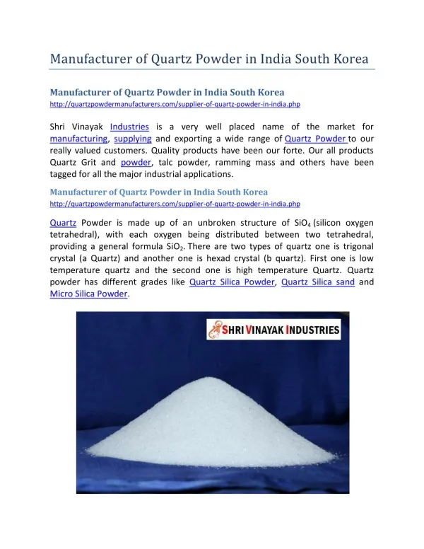 Manufacturer of Quartz Powder in India South Korea
