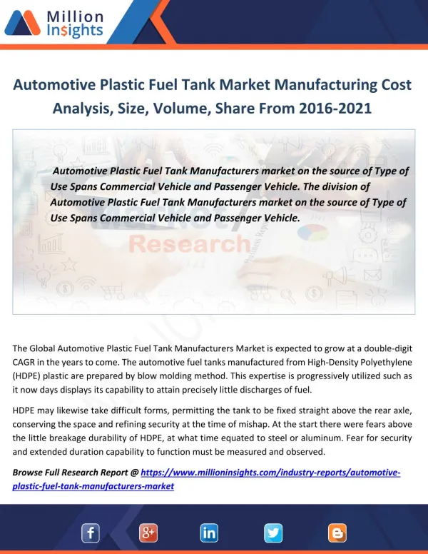 Automotive Plastic Fuel Tank Market Effect Factors Analysis by Key Players, Applications and Type to 2021