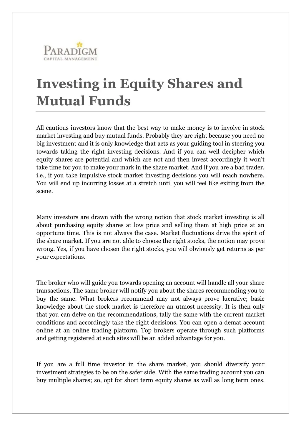 investing in equity shares and mutual funds