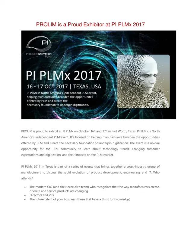PROLIM is a Proud Exhibitor at PI PLMx 2017