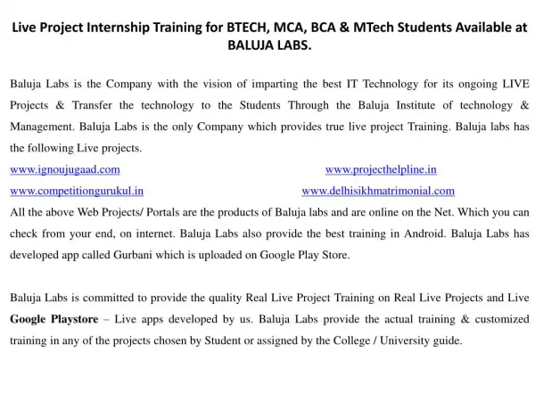 Live Project Internship Training for BTECH, MCA, BCA & MTech Students Available at BALUJA LABS.