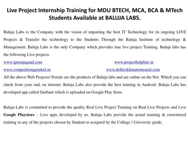 Live Project Internship Training for MDU BTECH, MCA, BCA & MTech Students Available at BALUJA LABS