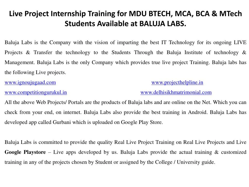 live project internship training for mdu btech