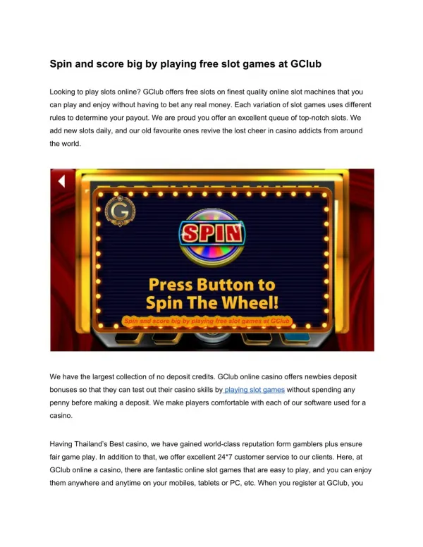 Spin and score big by playing free slot games at GClub