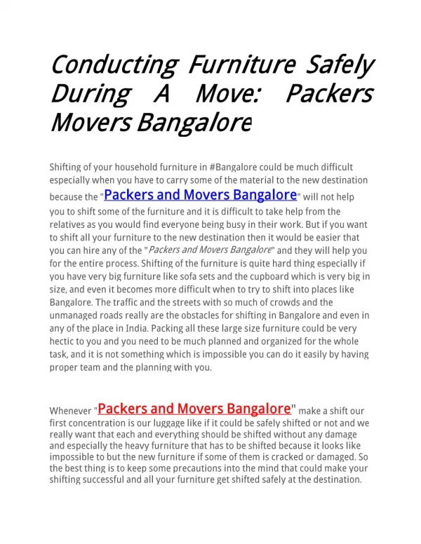 Conducting Furniture Safely During A Move: Packers Movers Bangalore
