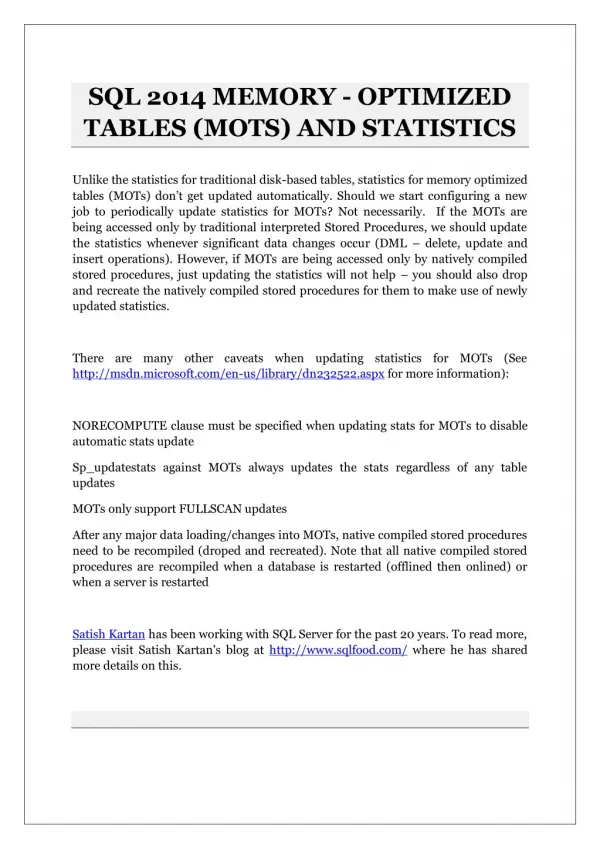 SQL 2014 MEMORY - OPTIMIZED TABLES (MOTS) AND STATISTICS
