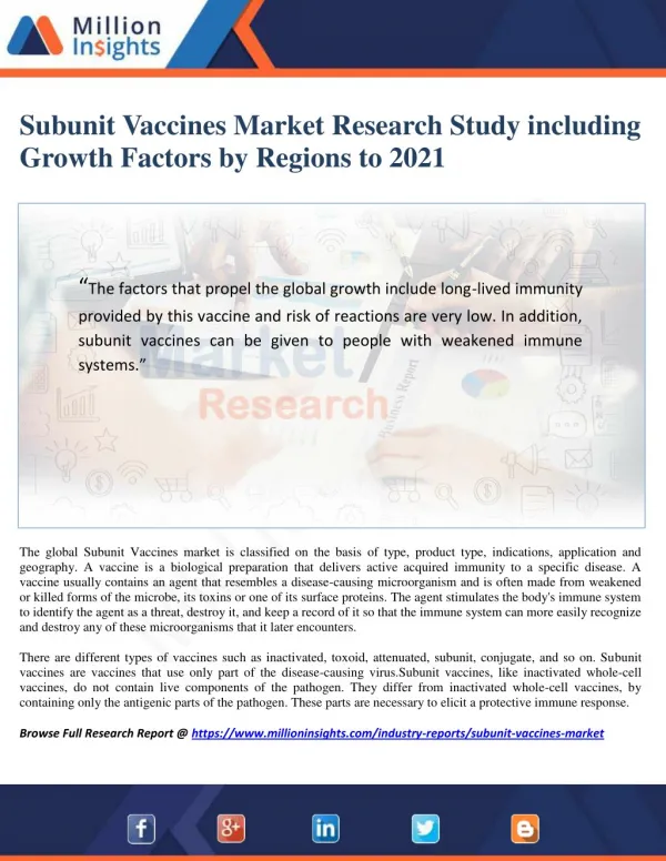 Subunit Vaccines Market: Applications, Types and Market Analysis to 2021