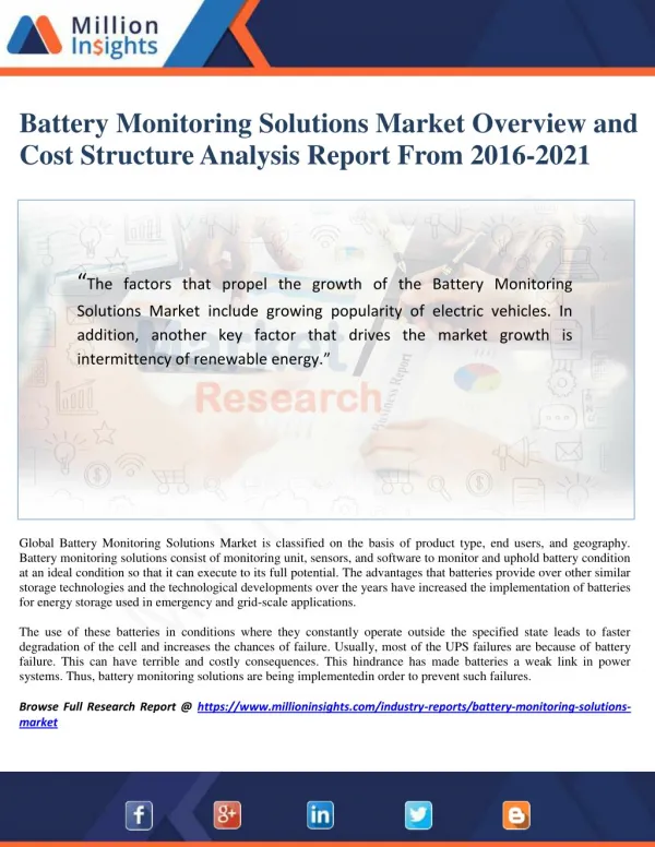 Battery Monitoring Solutions Market Size and Consumption Analysis Report 2021