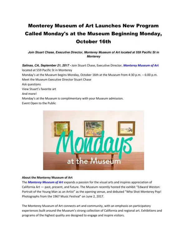 Monterey Museum of Art Launches New Program Called Monday's at the Museum Beginning Monday, October 16th