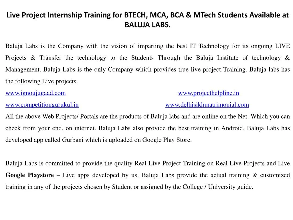 live project internship training for btech