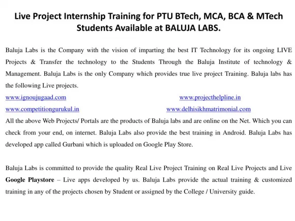 Live Project Internship Training for PTU BTech, MCA, BCA & MTech Students Available at BALUJA LABS.