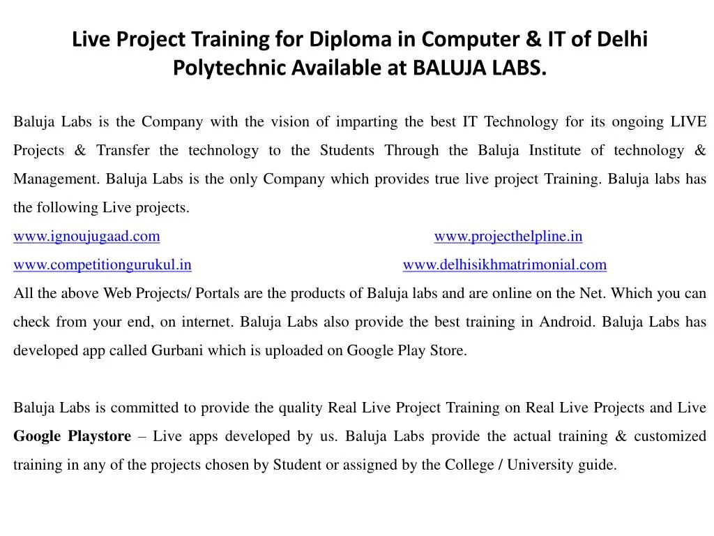 live project training for diploma in computer