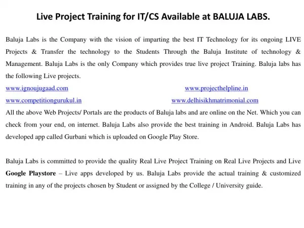 Live project training for diploma in computer &amp; it of delhi polytechnic available at baluja labs.