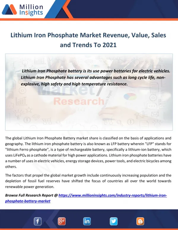 Lithium Iron Phosphate Market Manufacturing Cost Analysis,Size, Volume, Share From 2012-2021