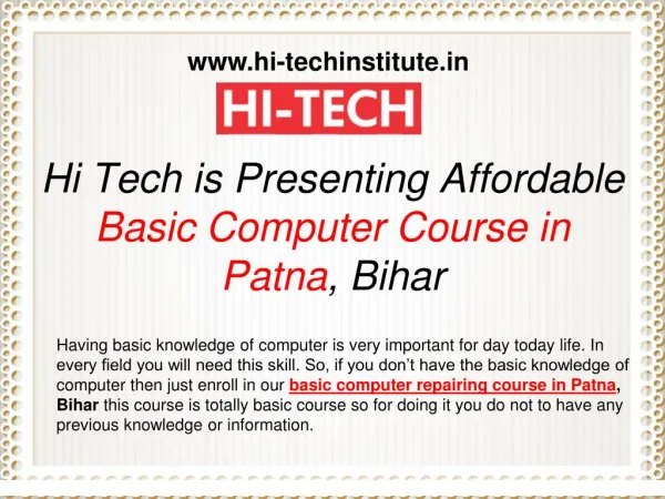 Hi Tech is Presenting Affordable Basic Computer Course in Patna, Bihar
