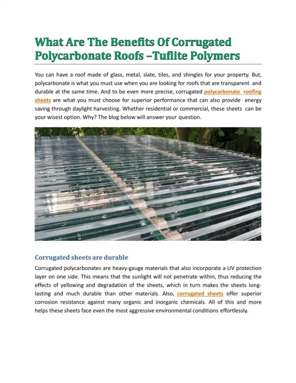 What Are The Benefits Of Corrugated Polycarbonate Roofs - Tuflite Polymers