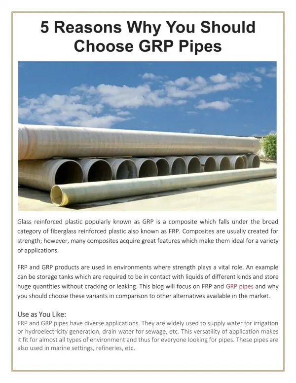 5 Reasons Why You Should Choose GRP Pipes