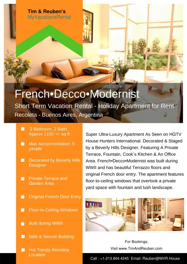 French•Decco•Modernist - Short Term Vacation Rental - Holiday Apartment for Rent Recoleta - Buenos Aires, Argentina