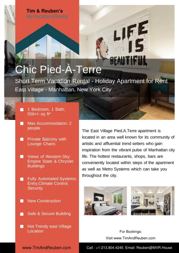 Chic Pied-À-Terre Short Term Vacation Rental - Holiday Apartment for Rent East Village - Manhattan, New York City