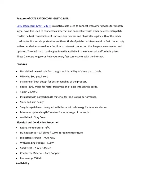 Features of CAT6 PATCH CORD -GREY