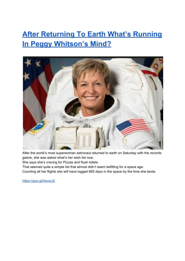 After Returning To Earth What’s Running In Peggy Whitson’s Mind