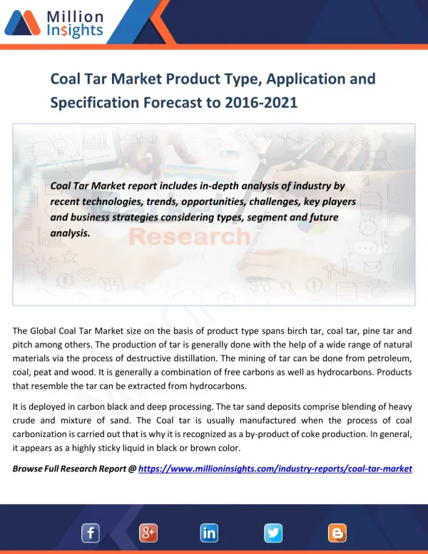 Coal Tar Market Product Type, Application and Specification Forecast to 2016-2021