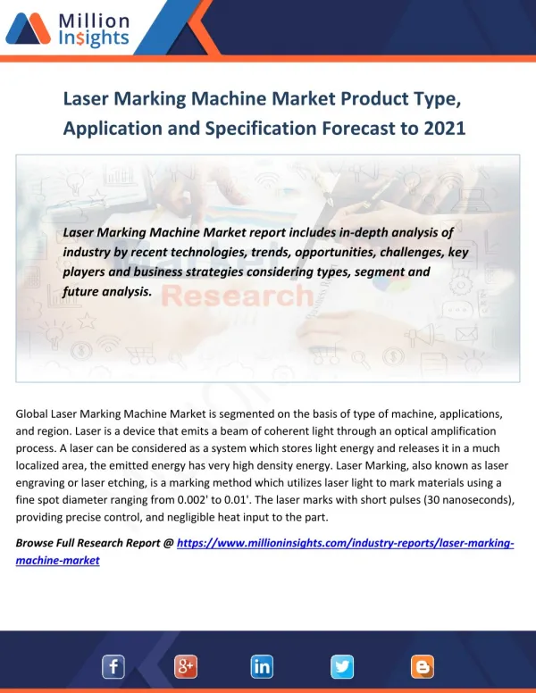 Laser Marking Machine Market Product Type, Application and Specification Forecast to 2016-2021