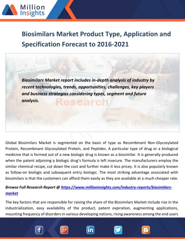 Biosimilars Market Product Type, Application and Specification Forecast to 2016-2021
