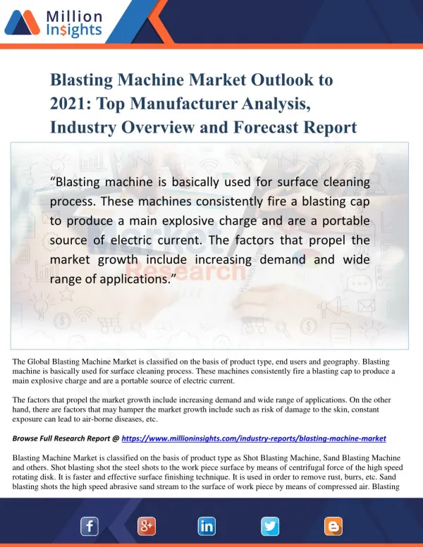 Blasting Machine Market Outlook to 2021: Top Manufacturer Analysis, Industry Overview and Forecast Report
