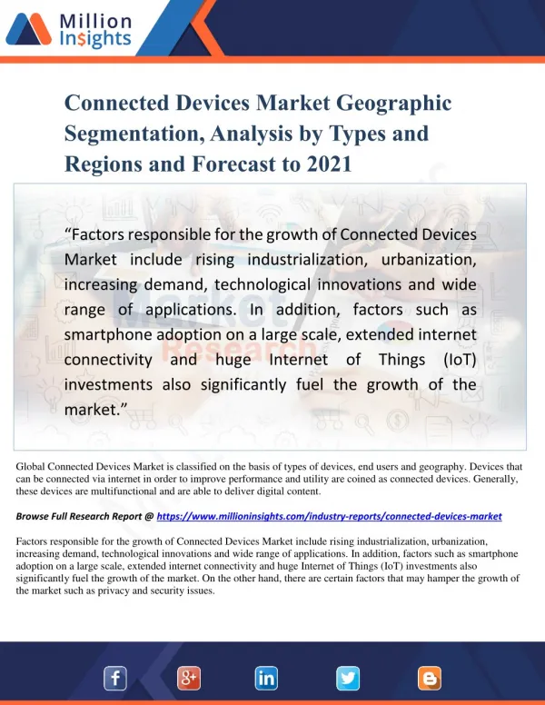 Connected Devices Market Geographic Segmentation, Analysis by Types and Regions and Forecast to 2021