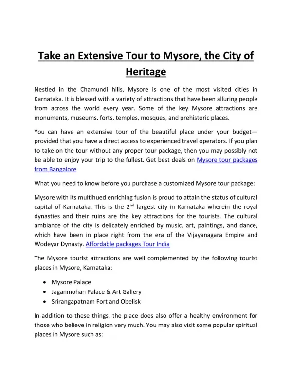 Take an Extensive Tour to Mysore, the City of Heritage