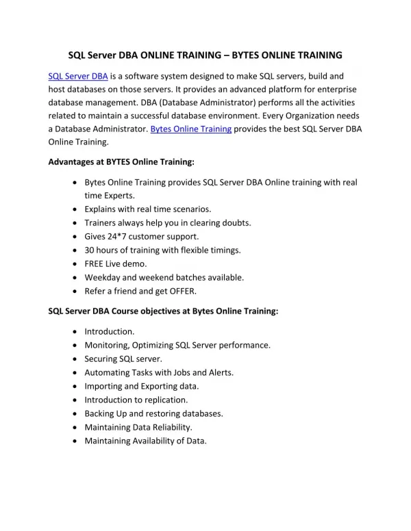 SQL Server DBA Online Training - Bytes Online Training
