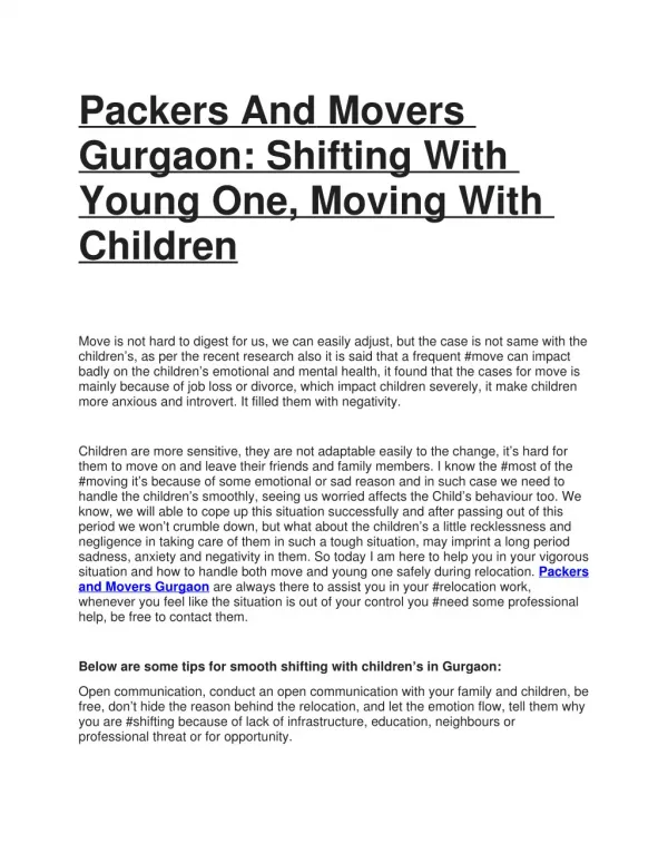 Packers And Movers Gurgaon: Shifting With Young One, Moving With Children