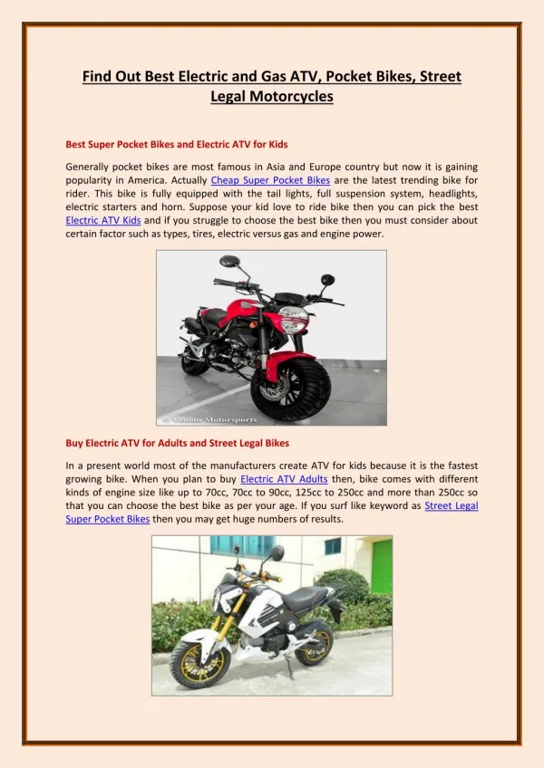 Find Out Best Electric and Gas ATV, Pocket Bikes, Street Legal Motorcycles