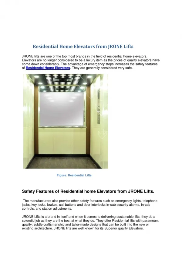 Residential Home Elevators Offered by JR ONE Lifts