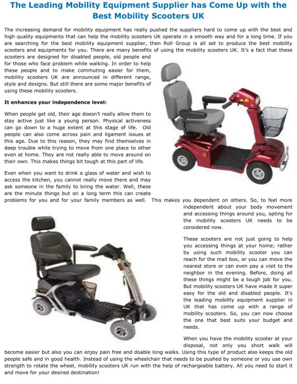 The Leading Mobility Equipment Supplier has Come Up with the Best Mobility Scooters UK