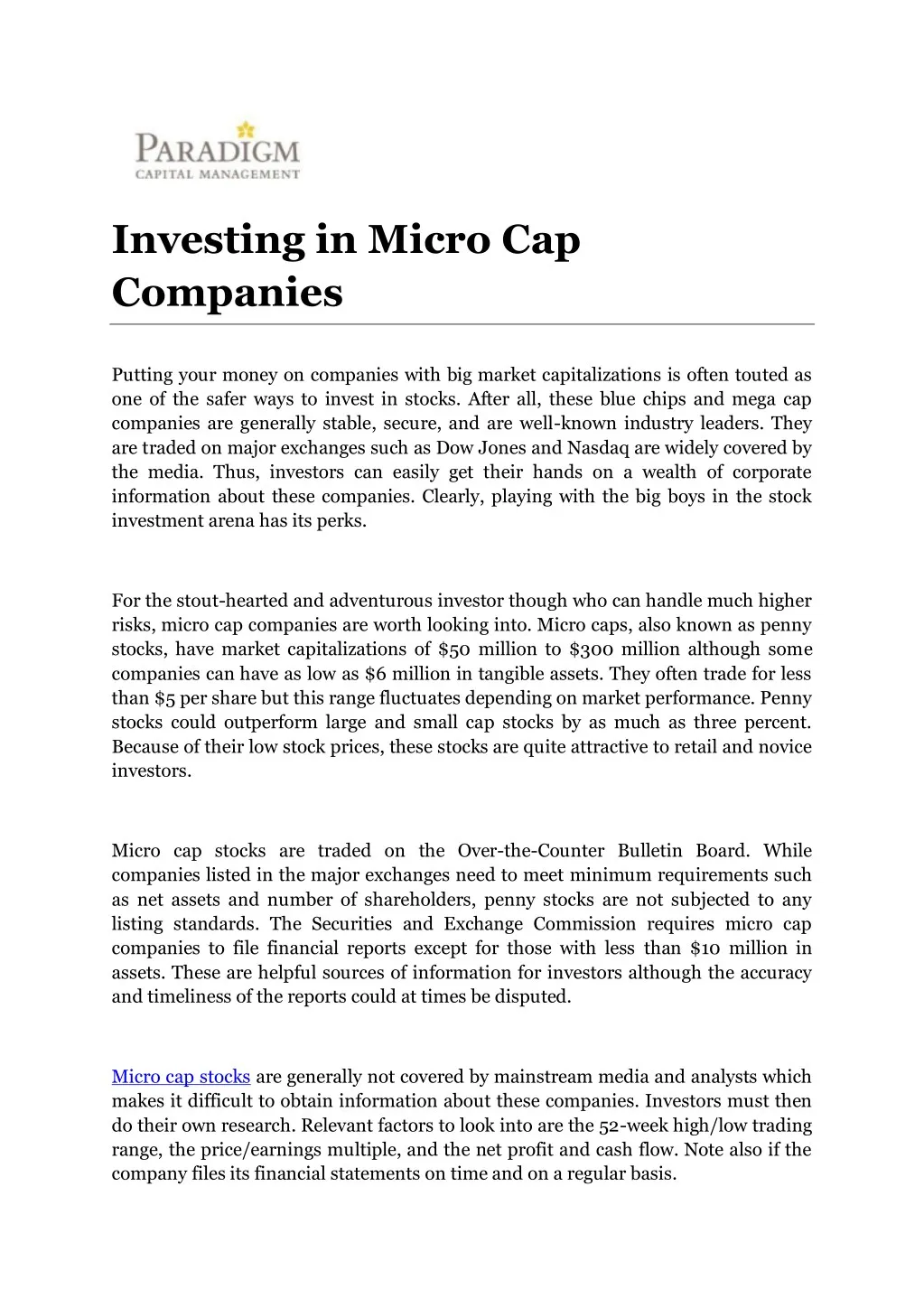 investing in micro cap companies