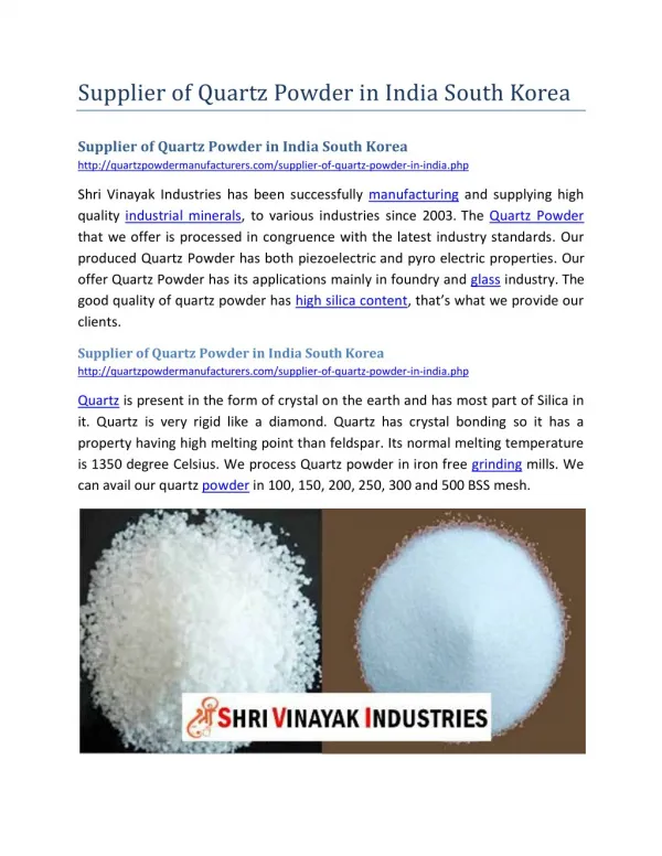 Supplier of Quartz Powder in India South Korea