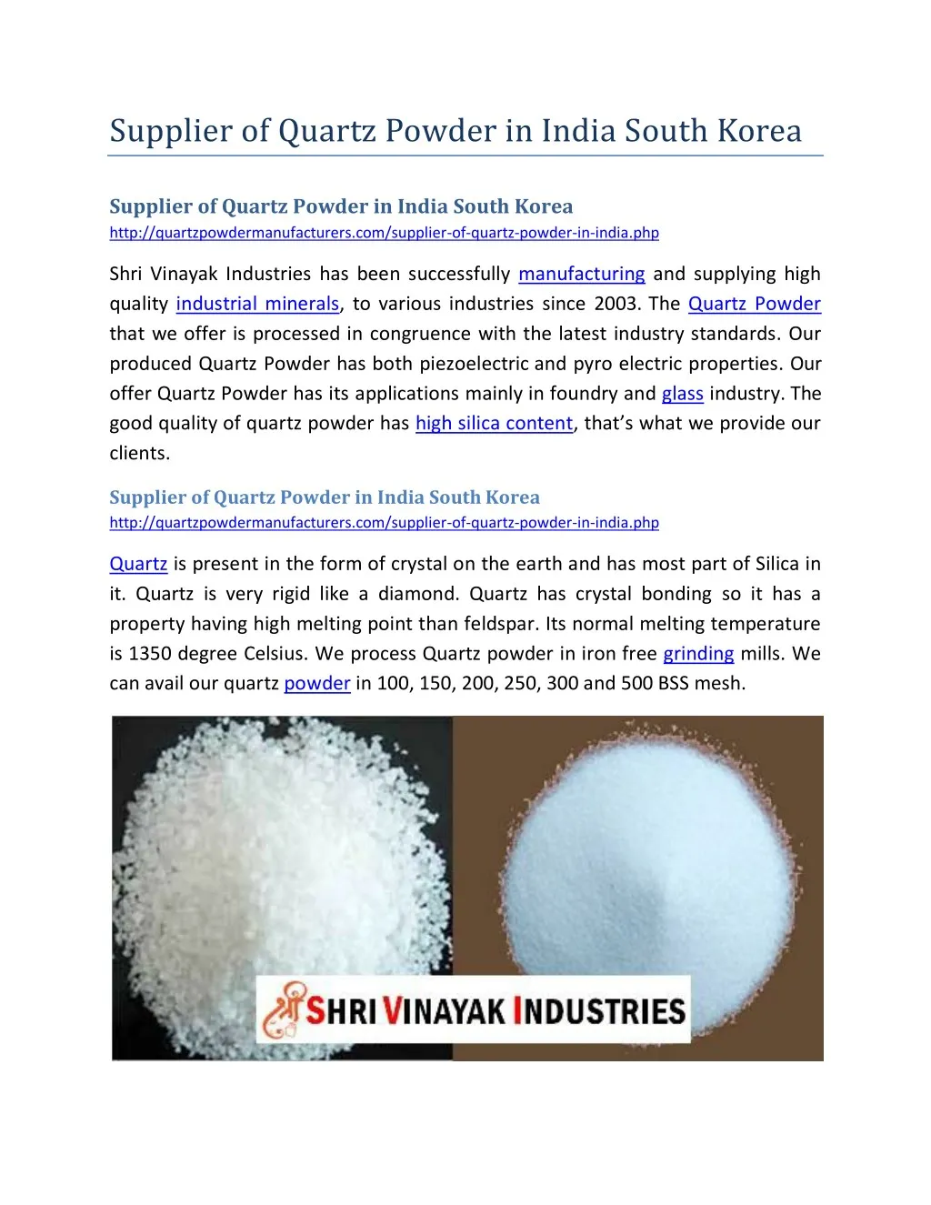 supplier of quartz powder in india south korea