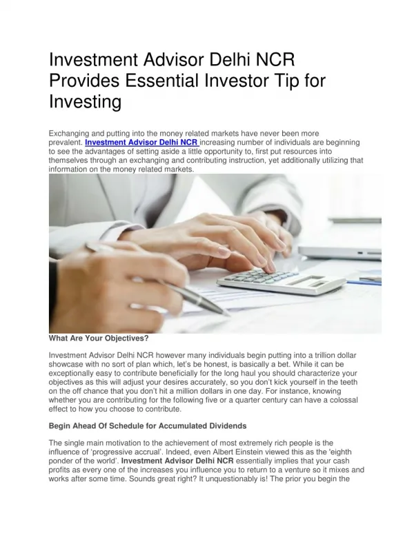 Investment Advisor Delhi NCR Provides Essential Investor Tip for Investing
