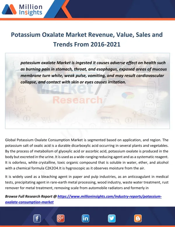 Potassium Oxalate Market Manufacturing Cost Analysis,Size, Volume, Share From 2016-2021