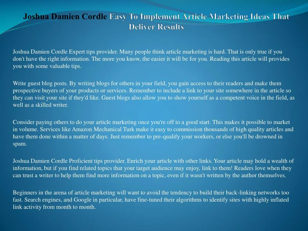 joshua damien cordle easy to implement article marketing ideas that deliver results