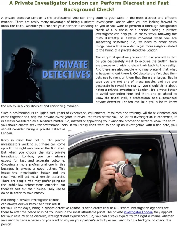 A Private Investigator London can Perform Discreet and Fast Background Check!